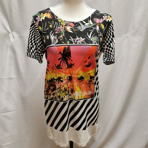 Just Cavalli Summer Postcard Floral Striped Tee T-Shirt - Picture 3 of 8